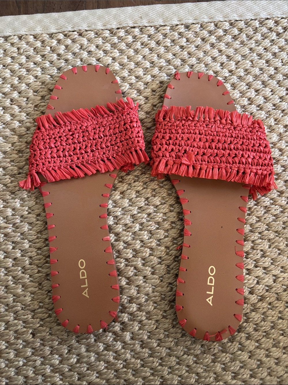 ALDO Red Raffia Fringe Slide Sandals - Picture 2 of 2